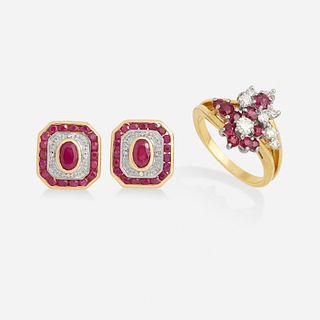 Ruby and diamond ear clips with ring