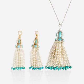 Turquoise and cultured pearl tassel set