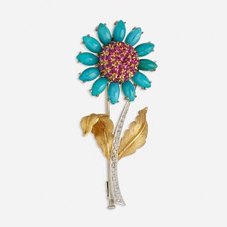 Diamond and gem-set flower brooch