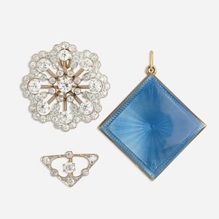 Two diamond brooches and enamel locket