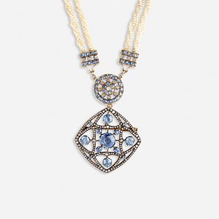 Belle Epoque seed pearl, sapphire, and diamond sautoir necklace