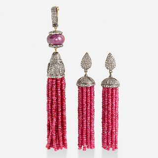 Set of ruby and diamond tassel jewelry 