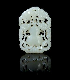 A Pierce Carved Pale Celadon Jade Pendant Height 1 7/8 inches.