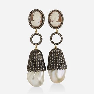 Cameo, diamond, and baroque cultured pearl ear pendants