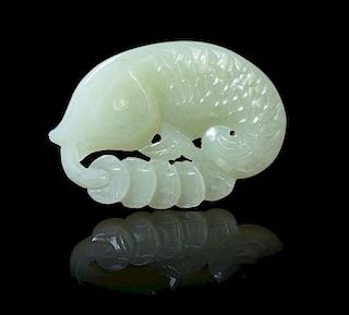 A Carved Jade Carp-Form Toggle Length 2 1/4 inches.