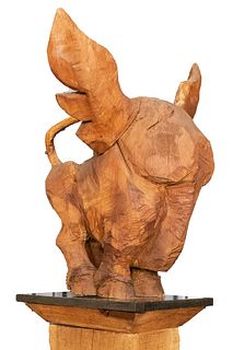 Folk Art Large Carved Wood Elephant on Pedestal