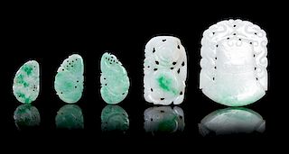 * Five Pierce Carved Jadeite Pendants Height of largest 2 1/8 inches.