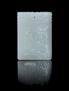 A Carved White Jade Rectangular Pendant Height 2 1/2 inches.