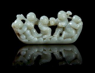 A Carved Jade Figural Group Length 4 inches.