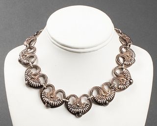 Margot De Taxco Silver Ornate Heart Link Necklace