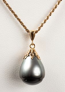 14K Yellow Gold Grey Baroque Pearl Pend. Necklace