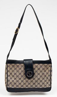 Gucci Navy Blue Leather And Canvas Handbag