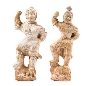 Two Pottery Figures of Standing Warriors Height of taller 16 3/4 inches.