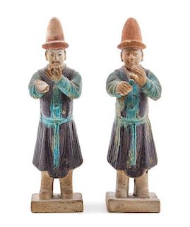 Two Purple and Turquoise Glazed Pottery Figures of Musicians Height of taller 10 3/4 inches.
