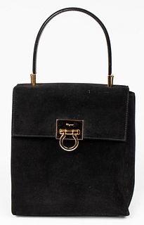 Salvatore Ferragamo Black Velvet Gancini Handbag