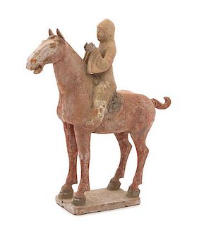 A Polychrome Glazed Pottery Equestrian Figural Group Height 16 inches.