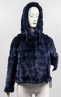 Amina Rubinacci Blue Rabbit Fur Hooded Coat/Jacket