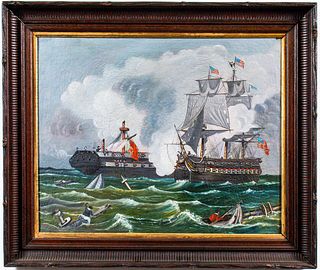 American Folk Art "Naval Battle" Oil on Canvas