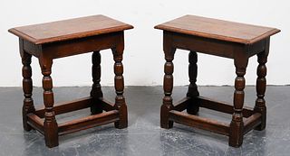 English Oak Turned Baluster Leg End Tables, Pair