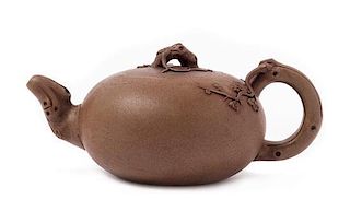 A Yixing Pottery Teapot Width over handles 7 3/4 inches.