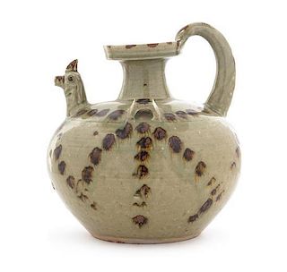 A Yueyao-Style Celadon Glazed Pottery Ewer Height overall 10 inches.