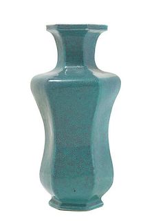* A Robin's Egg Glazed Porcelain Hexagonal Vase Height 8 1/2 inches.