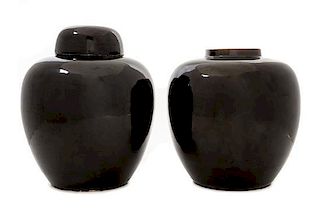 * A Pair of Mirror Black Glazed Porcelain Ginger Jars Height 9 1/2 inches.