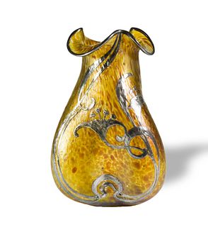 Art Glass Vase with Sterling Overlay Attrib. Loetz