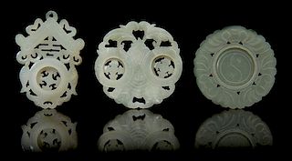 * Three Carved Jade Pendants Diameter of first 2 1/8 inches.