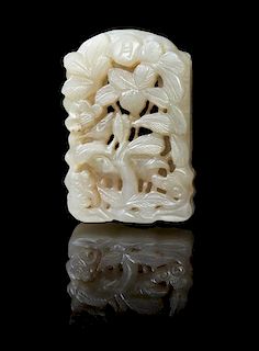 A Carved Jade Belt Fitting POSSIBLY LATE MING DYNASTY Length 2 3/4 inches.