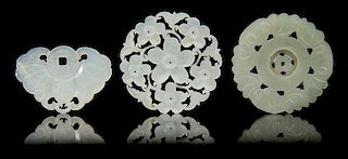 * Three Carved Jade Pendants Diameter of first 2 1/4 inches.