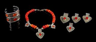 A Group of Six Silver and Coral Jewelry Articles 205.80 dwts.