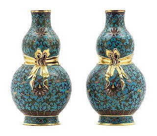A Pair of Cloisonne Enamel Double-Gourd Vases Height of pair 7 inches.