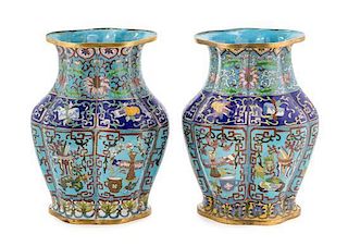 A Pair of Cloisonne Enamel Faceted Vases LIKELY EARLY 20TH CENTURY Height 10 1/4 inches.