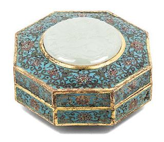 A Jade Inset Cloisonne Enamel Box and Cover Height 2 1/2 x width 4 3/4 inches.