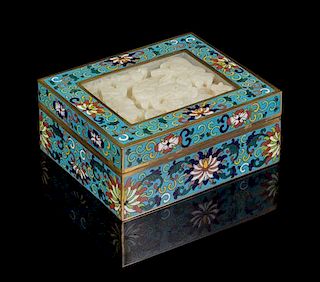 * A Jade Inset Cloisonne Enamel Box and Cover Height 1 7/8 x width 4 1/2 x depth 3 3/4 inches.