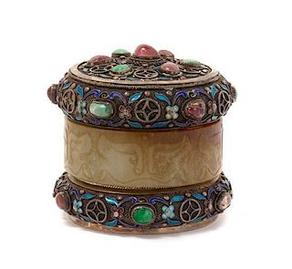 A Silver Filigree, Hardstone Inset and Jade Jewelry Box Height 3 inches.