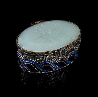 A Jade Mounted Enameled Filigree Hinged Box Height 1 x width 2 1/2 inches.