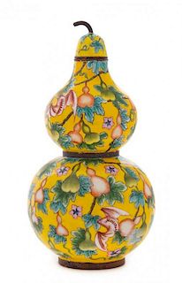 A Canton Enamel Double Gourd-Form Vase Height 6 3/4 inches.