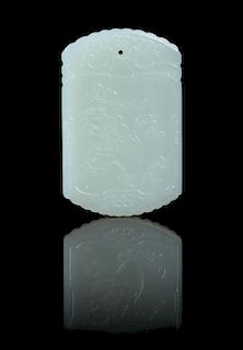 A Carved Pale Celadon Jade Plaque Height 2 1/8 inches.