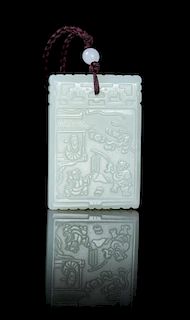 A Carved Pale Celadon Jade Plaque Height 2 inches.