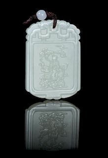 A Carved Pale Celadon Jade Plaque Height 1 7/8 inches.