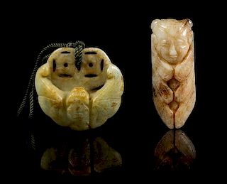 * Two Carved Jade Pendants Length of first 2 3/8 inches.