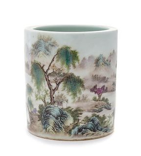 A Polychrome Enameled Porcelain Brush Pot, Bitong Height 6 inches.