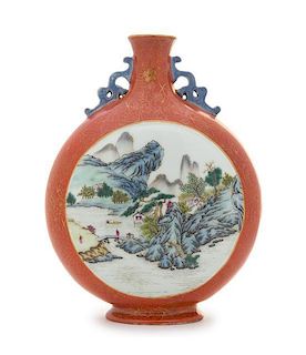 A Polychrome Enameled and Iron Red Porcelain Moon Flask Height 11 inches.