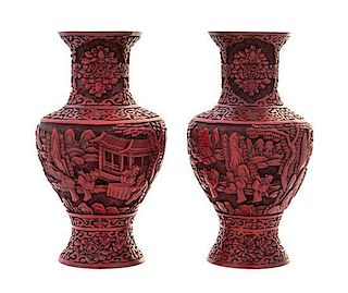 * A Pair of Cinnabar Lacquer Vases Height of pair 8 3/4 inches.