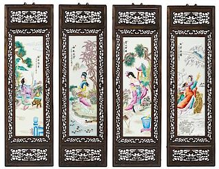 * A Set of Four Famille Rose Porcelain Plaques Height of plaque 28 3/4 x width 8 1/4 inches.