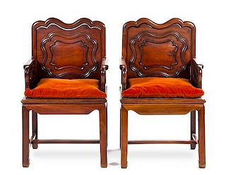 * A Pair of Chinese Hardwood Armchairs Height 41 1/2 inches.