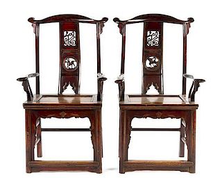 * A Pair of Black Lacquered Elmwood Yoke-Back Armchairs MING STYLE Height of pair 45 3/4 inches.