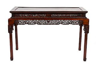 A Chinese Carved Hardwood Altar Table Height 29 7/8 x width 45 1/2 x depth 21 3/8 inches.